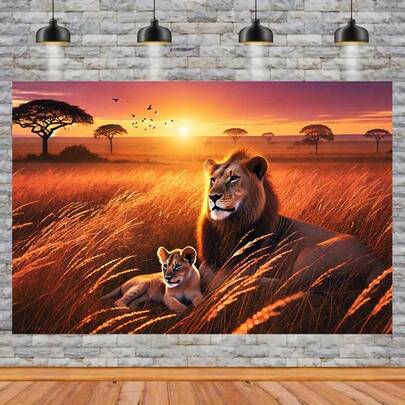 一款2D立体大狮子背景布，适合森林动物主题派对，采用结实耐用的涤纶面料制成，是卧室、客厅或宿舍装饰的理想之选。多种款式和尺寸可供选择。