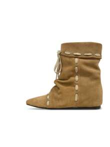 2026新款褶皱尖头平底系带踝靴，复古小众夏季牛仔靴 - 卡其色 - 查看 7