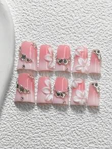 10件套童话主题美甲凝胶套装，亚克力美甲贴片，手工制作的5瓣3D山茶花、银色爱心、五角星、珠饰装饰，粉色指甲油，适合日常、派对、婚礼、春夏等场合，包含美甲工具（1个果冻贴片+1个指甲锉），三种形状可选：杏仁形、鸭嘴形、棺材形 - 彩色 - 查看 19