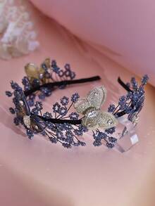 1pc Shiny Silver Rhinestone Butterfly Headband, Fashion Crystal Beaded Headpiece, Suitable For Bride, Wedding, Party, Festival, Casual Wear - Blue - View 4