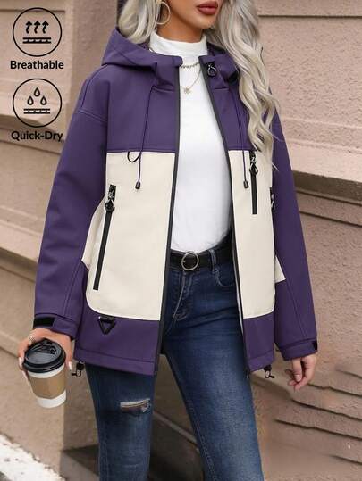 Women's Spring/Autumn Hooded Jacket - Casual Sports Design, Fashionable Color Blocking Style, INS Hot Seller, Comfortable And Stylish. Suitable As A Birthday Gift For Girlfriend Or Family Member.
