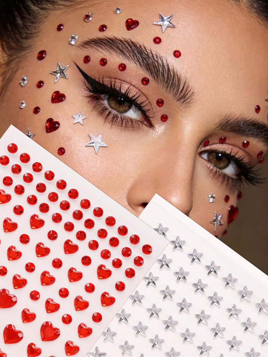 2pcs Multi-Rhinestone 3D Silver-White Shiny Pentagram & Big Red Heart Shaped Face Gems, Suitable For Eye Corner/Nail/Face Decoration, Applicable For Music Festival, Carnival, Valentine's Day, Y2K Party, Daily Decoration, Makeup Party, Ball, Can Be Used For Hair, Eyes, Face, Body Decoration - Multicolor - View 1