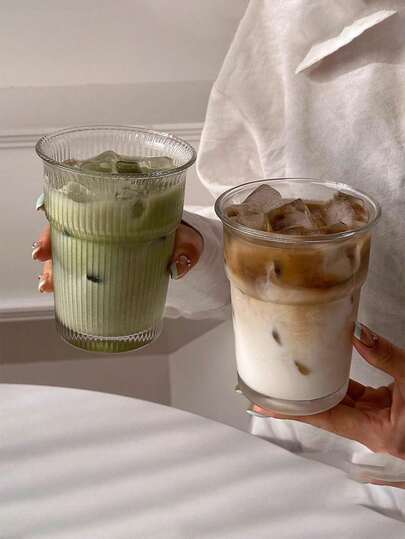 1个440毫升/15.48盎司复古咖啡杯，条纹玻璃杯，反口透明玻璃杯，咖啡杯，罗纹饮水杯