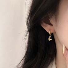 Delicate Butterfly Pendant Small Hoop Earrings, Minimalist Style Accent, Suitable For Daily And Party Wear - Silver - View 6