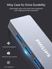 PHILIPS 飞利浦 USB 3.0 分线器 – 带 4 个端口的 USB 集线器，OTG Type-C 接口，适用于手机和平板电脑，铝合金外壳 - 查看 2
