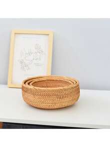 1/3pcs Round Woven Storage Basket, Suitable For Vegetables, Fruits, Bread, Snacks, Can Decorate Tabletop, Living Room, Bathroom, Kitchen Counter (Small/Medium/Large), Modern Boho Style Rope Plant Hanging Basket, Wooden Rattan Geometric Basket, Natural Metal Frame Accent, Suitable For Coastal Garden Decor - Khaki - View 6
