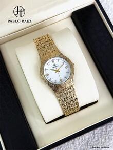 1件 Pablo Raez 女士不锈钢圆形镶钻复古腕表，AAA 级奢华正装腕表，优雅新款金色不褪色，精致石英表，时尚白色简约表盘，高品质女士流行小巧可爱防水 50 米阿拉伯风格实心钢表带腕表礼品 - 均碼 - 查看 13