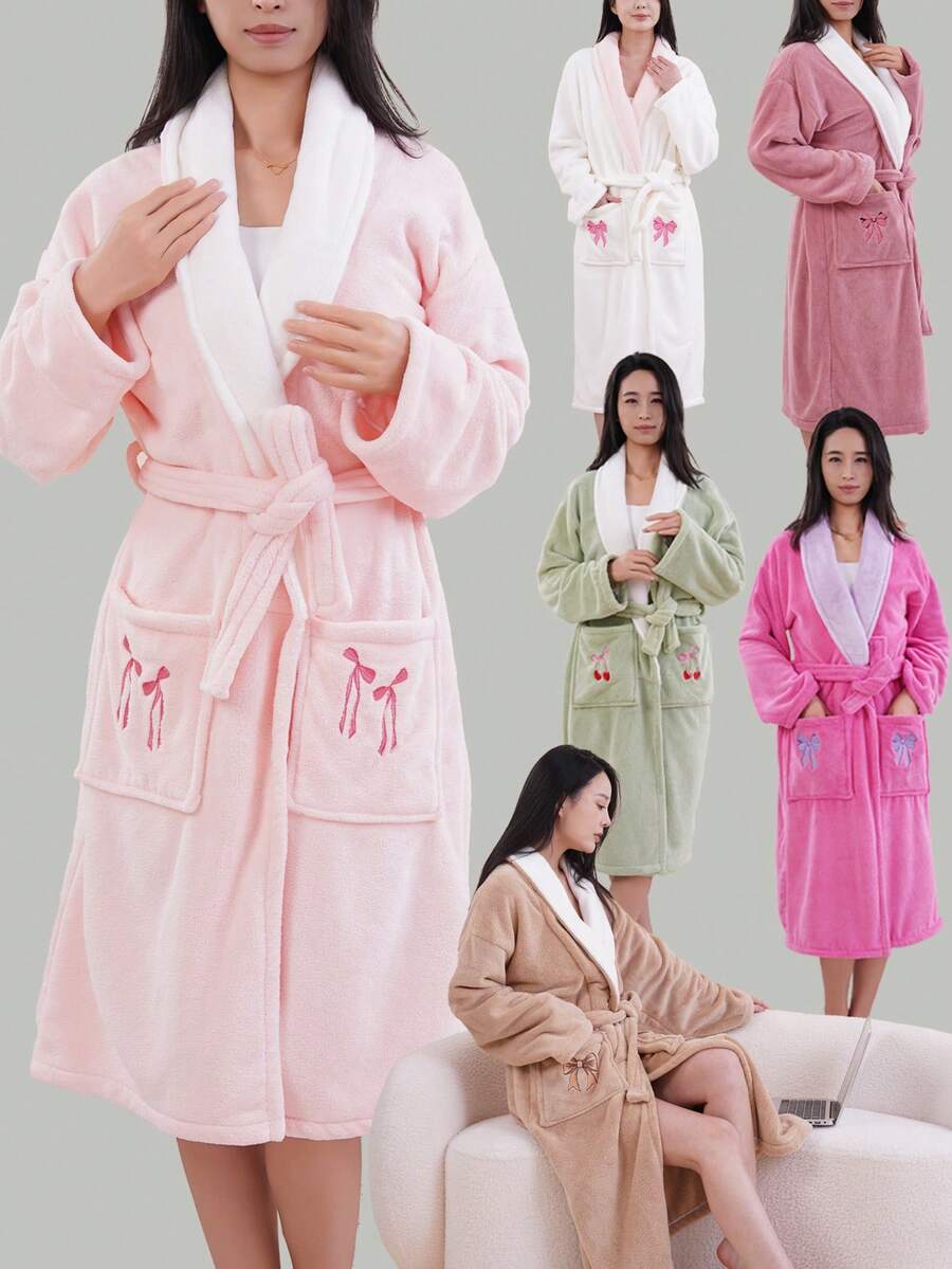 1 chiếc áo choàng tắm dài nữ thanh lịch, chất liệu lông cừu san hô thêu nơ, mềm mại và thấm hút tốt, thích hợp cho phòng tắm, phòng xông hơi, khách sạn, phòng tập thể dục, du lịch, làm quà tặng, thẩm mỹ viện, thể thao, hoạt động ngoài trời, bãi biển, trường học, chuẩn bị năm học mới, phụ kiện du lịch, đồ dùng thiết yếu tại nhà. Chăm sóc da.