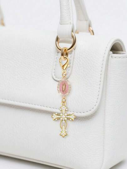 Christian Charm Keychain With Religious Cross, Pearl And Diamonds Talisman - Cross Keychain, Bag Charm, Cross Pendant, Decorative Wallet Backpack Accessories, Earphone Bag Accessories, Ring Buckle Decorative Keychain For Luggage And Cars - 1 Piece Accessory With Pearl And Diamonds And Romantic Elements