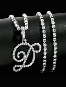 镶钻网球链 + 草书字母吊坠，男士街头风项链 - 男士草體字母項鍊 - 查看 6