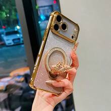 Étui de téléphone portable de luxe papillon pailleté avec anneau magnétique super puissant transparent et électroplaqué, compatible avec les téléphones Apple 17 16, Galaxy A04E A05S A06 A07 A12 A13 A14 A15 A16 A17 A21S A22 A23 A24 A32 A33 A34 A35 A53 A54 A73 S10 S20 S21 S22 S23 S24S25 Ultra Note 20 Note 7/8/9/10/11/12/13/14, 9/10/12/13C/14C A5, MOTO, Honor, HW, C53 C55, cadeau de printemps et d'anniversaire - Doré - Voir 4