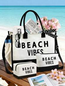 女士沙滩手提包套装，印有“BEACH VIBES”字样图案，包含一个大容量手提包和两个化妆包，适合夏季海滩、泳池、旅行、健身房和日常使用，也适合假日、周末短途旅行。可作为个性化生日礼物送给朋友或女士，是完美的旅行/度假/沙滩包，也适合婚礼、生日、节日等场合，是送给女性、妈妈、老师、朋友、伴娘、学生、返校季、闺蜜、新娘纪念品的绝佳礼物。 - 彩色 - 查看 3