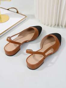 2026新款加大码女式后系带凉鞋，平底方头真皮鞋，百搭法式优雅低跟混色中跟经典复古风鞋履 - 土黃色 - 查看 4