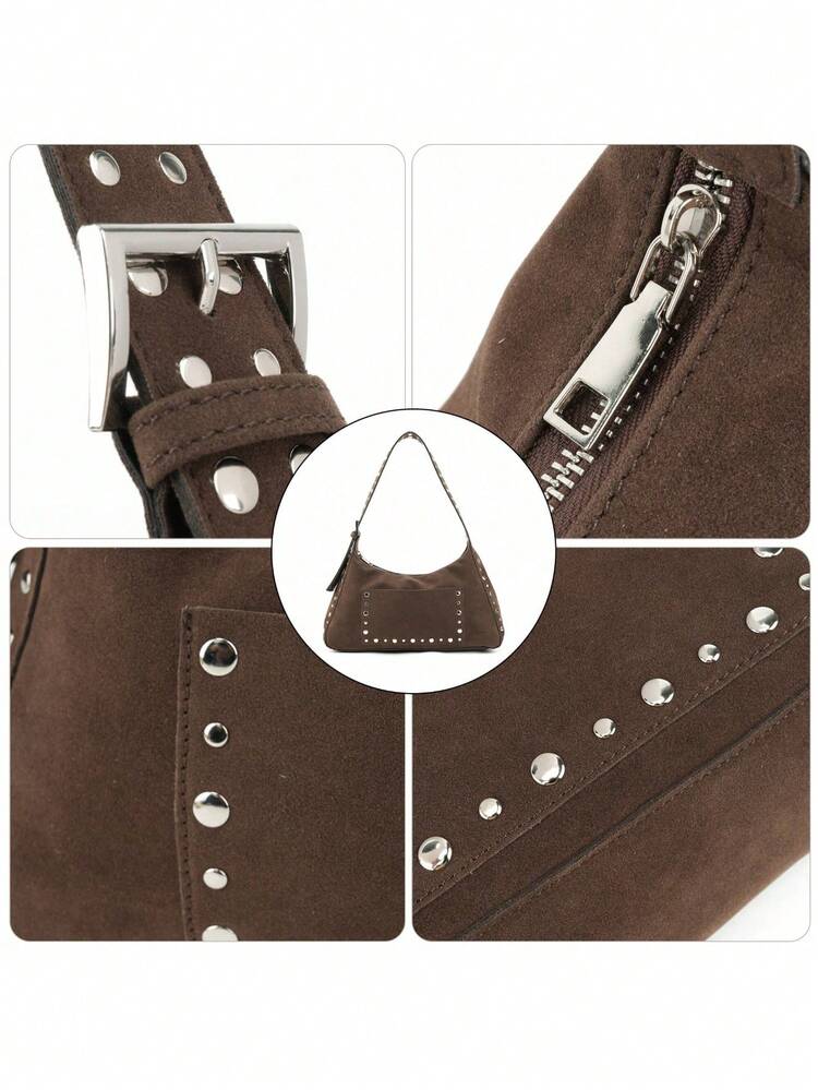 这款复古棕色单肩包采用PU材质，饰有铆钉，尽显时尚简约风格。它容量大、轻便易携，可轻松收纳手机、钱包和化妆品等物品。这款单肩包可挎在腋下，适合工作、上学、露营、旅行、约会等各种场合，也是一份不错的节日礼物。 - 棕色 - 查看 7
