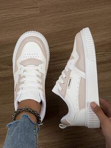 Sneaker casual da donna per autunno/inverno, con lacci, suola morbida, piatte e confortevoli, da skateboard, leggere, basse, per uso quotidiano - Beige - Visualizzare 5