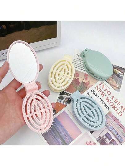 1pc Foldable Comb - Cream Color, Portable With Built-In Mirror Foldable Comb - Cream Color, Portable With Built-In Mirror