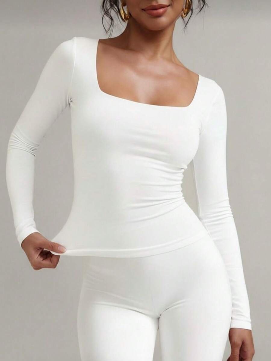 Women's Second Skin Blouse, Long Sleeve, Square Neck, Soft Supplex Fabric, Lined, Elastic, Premium Style, Casual, Elegant, Versatile, - trắng - Xem 1