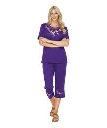 Women Short Sleeves Embroidered Cotton Blend Lounge Wear  Sets - Purple - View 2