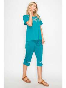 Women Short Sleeves Embroidered Cotton Blend Lounge Wear  Sets - Green - View 5