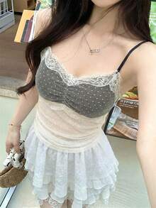 Women's Lace Trim Camisole Top, Elegant Sweet Streetwear Style Gray & White Polka Dot Mesh Strap Vest Top With Padded Cups, Suitable For Summer Daily Wear, Dates, Parties, Music Festivals, Easter, Beach Vacation, Versatile Sexy Singlet, Fitted Heart Neck Mesh Lace Trim Layered Blouse - Black - View 2
