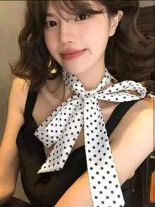 1条复古波点真丝围巾，优雅长款飘带，时尚百搭，可作领巾、头巾、腰带、包包装饰，适合女性夏季发饰、沙滩发夹、度假发夹、假日旅行 - 彩色 - 查看 5