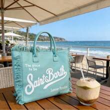 New Spacious Shoulder Bag, Handcrafted With Fringe And Denim Print, Ideal For Beach Trips, Commuting To Work And Everyday Use. - Mint Green - View 8