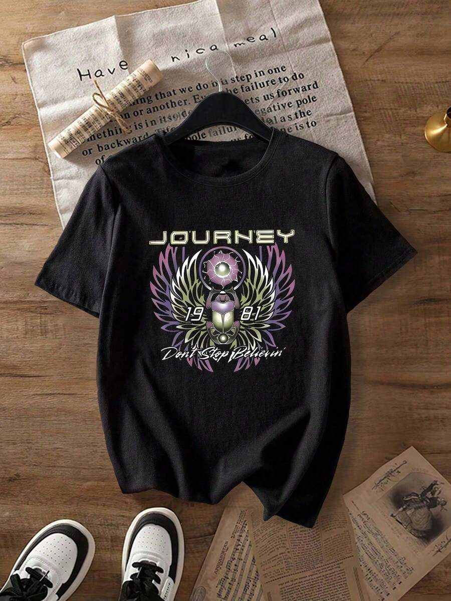 加大码女式V领短袖T恤 - Journey乐队“Don't Stop Believin'”甲壳虫图案休闲宽松T恤 黑色 夏季 - 黑色 - 查看 1