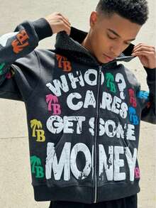 American Letter Foam Print Zipper Hoodie Men's Loose Sweatshirt Retro Street Hip-Hop With Colorful TB Logos For Unique Style - Grey - View 6