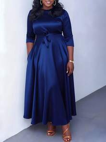 Women's Elegant Mid-Length A-Line Dress With Round Neck, 3/4 Sleeves, Tie Waist, Pockets, Suitable For Formal Evening Occasions Spring - Royal Blue - View 3