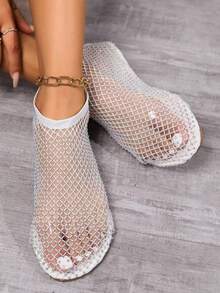 1 Pair Women's Summer Crystal Round Toe Low-Top Sandals, Hollow Rhinestone Fishnet Breathable Mesh Flat Shoes, Low Heel Comfortable Casual - White - View 1