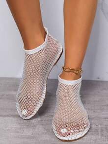 1 Pair Women's Summer Crystal Round Toe Low-Top Sandals, Hollow Rhinestone Fishnet Breathable Mesh Flat Shoes, Low Heel Comfortable Casual - White - View 4