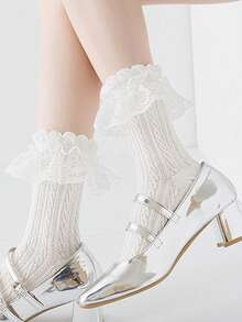 1 Pair/2 Pairs/3 Pairs/4 Pairs/5 Pairs Women Black & White Mesh Lace Cute Fashion Cosplay Crew Socks, Suitable For All Seasons - White - View 3