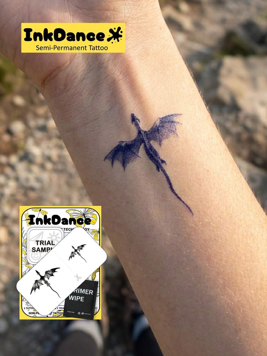 1套“Ink Soar”科技纹身贴纸，半永久纹身，临时纹身，持久耐用，防水，小飞龙图案，逼真纹身效果，植物基 X209 - 黑色 - 查看 1