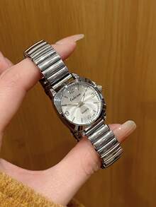 1 chiếc đồng hồ mặt tròn mạ vàng, đồng hồ đeo tay thời trang, thanh lịch, máy quartz, thích hợp để đeo hàng ngày/dùng trong các bữa tiệc/làm quà tặng. - Bạc - Xem 7