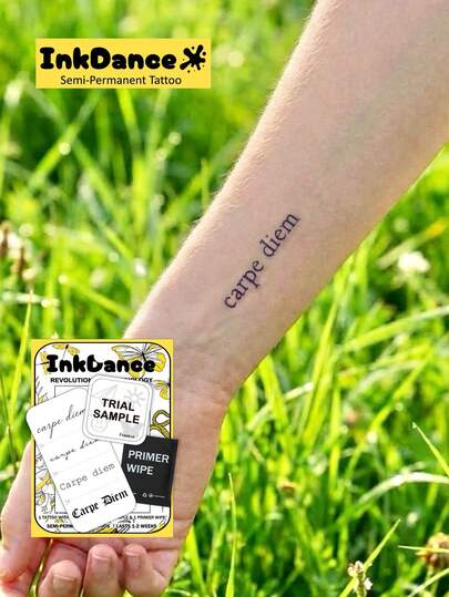 1套“Carpe Diem”新技术纹身贴纸，“Lucky Me, Lucky You”可爱半永久临时纹身，女士身体彩绘，仿真纹身，防水持久，逼真设计，植物配方，Ink Dance礼品套装 X262