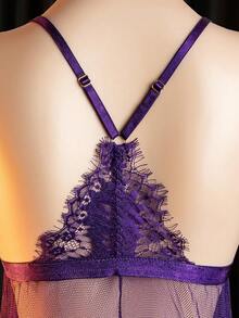 性感内衣套装，蕾丝睡裙，露背开衩半身裙配内裤，薄纱娃娃裙 - 紫色 - 查看 6