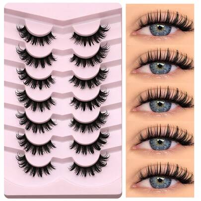 GROINNEYA 7 Pairs Comfortable Cat Eye False Eyelashes, Fluffy Soft Faux Mink Lashes 15mm Long, Natural & Thick Full Strip Lashes Suitable For Various Eye Shapes, Reusable, Ideal For Parties