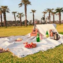 Extra-Large Thick Outdoor Blanket - Heavy-Duty Woven Picnic & Camping Throw Blanket, Fringe Edging - Machine Washable - Ideal For Gardens, Beaches, Picnic Blankets, Camping Gear, And More - 米色 - 查看 1