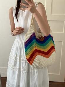 Women's Tote Bag, Shoulder Bag, Beach Bag, Crochet Bag, Large Capacity, Rainbow Striped, Stylish Vacation Cute - Beige - View 5