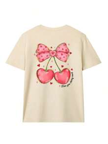 Women's Summer Valentine's Day New Simple Bow Heart Print Casual Vacation Loose Versatile Round Neck Camel Short Sleeve T-Shirt, Fashionable Everyday Top, Suitable For Daily Vacation And Valentine's Day Datewinter Clothes For Women - 杏色 - 查看 3