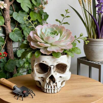 哥特式树脂骷髅花盆 - 白色，适合种植多肉植物、香草、小型室内植物，室内/室外均可使用（厨房、露台、浴室），易于清洁，引人注目的家居园艺装饰品，适合植物爱好者和哥特爱好者。