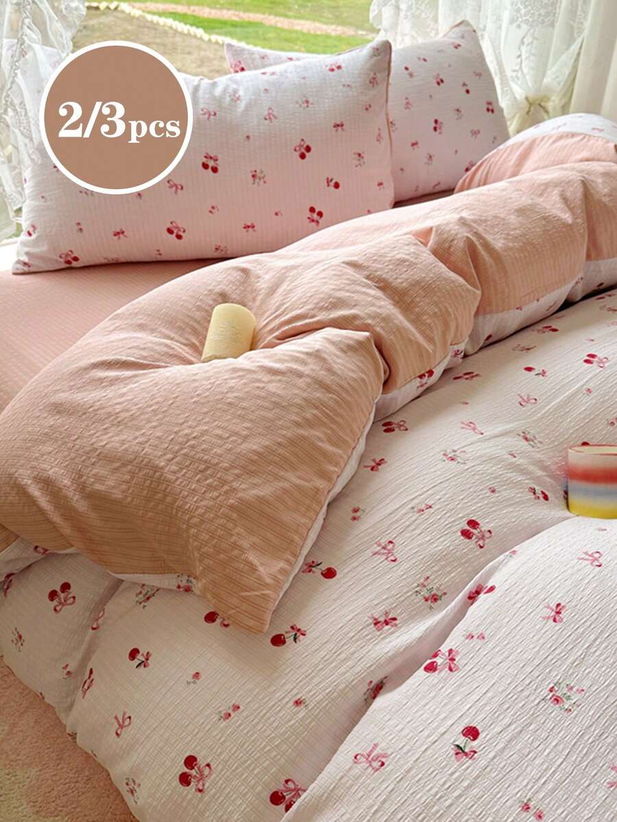 2/3pcs Small Red Cherry Dye Fresh Cute Craft Super Soft Dorm Decor, Sweet Cute Washed Duvet Cover & Pillowcase Set, Spring/Summer Double/Queen/King - Coral Pink - View 1