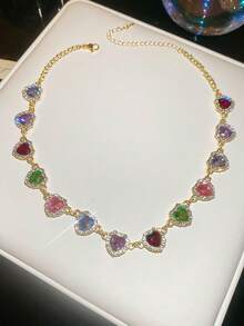 Andkiss 1pc Colorful Sparkling Heart Rhinestone Inlaid Choker Necklace - Colorful - View 4