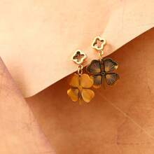 2pcs Luxury Minimalist Four-Leaf Clover Zirconia Pendant Earrings, Stainless Steel Women's Earrings Suitable For Daily, Travel And Holiday Wear - Multicolor - View 2