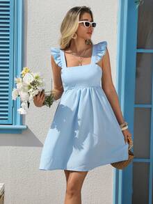 女士夏季波西米亚风亚麻荷叶边吊带连衣裙，可爱荷叶边袖度假沙滩迷你连衣裙派对优雅款 - 藍色 - 查看 2