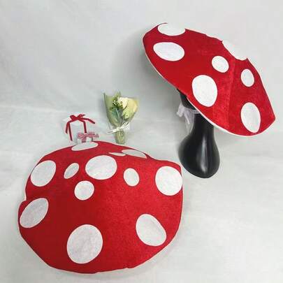 1顶可爱有趣的超大号波点毛绒蘑菇帽，采用涤纶材质，柔软舒适，配有弹性绳，佩戴稳固，超大尺寸，适合大多数人，新奇头饰，适合万圣节装扮，趣味派对配饰