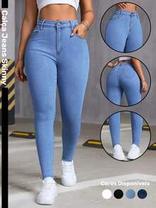 Women's Skinny Jeans, Fitted Style, High Waist, Butt-Lifting, Slim Fit, Casual And Sophisticated Look, Medium Blue - Rửa trung bình - Xem 1