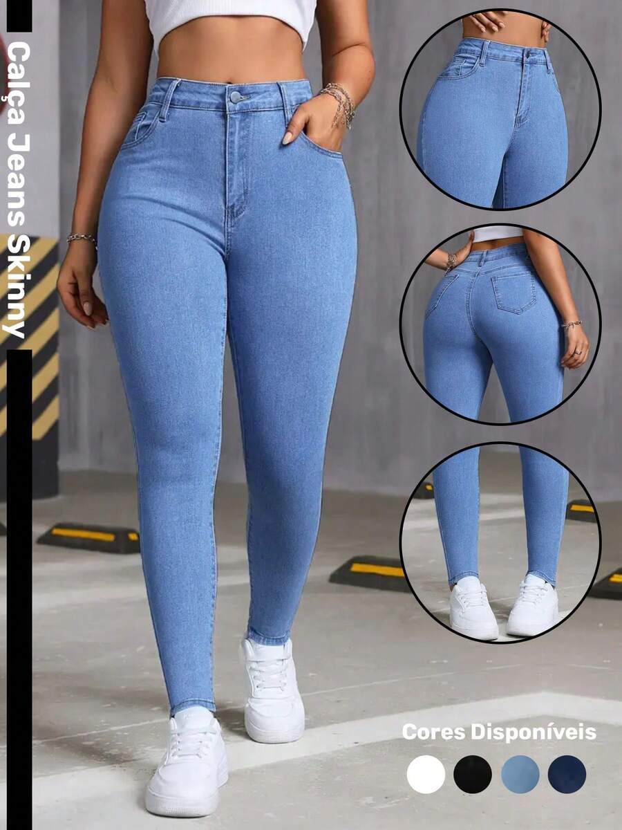 Women's Skinny Jeans, Fitted Style, High Waist, Butt-Lifting, Slim Fit, Casual And Sophisticated Look, Medium Blue - Rửa trung bình - Xem 1