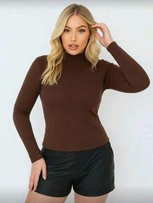 Women's High Neck Blouse With Fleece Lining, Ribbed Knit, Long Sleeves, Winter, Autumn, Thermal Base Layer, Fitted, Fashion Blogger Style - Rust Brown - View 2