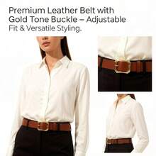 1pc Gold Square Buckle Women's Belt, Fashionable & Luxurious For Daily Wear With Dresses, T-Shirts, Casual Pants - Coffee - View 1